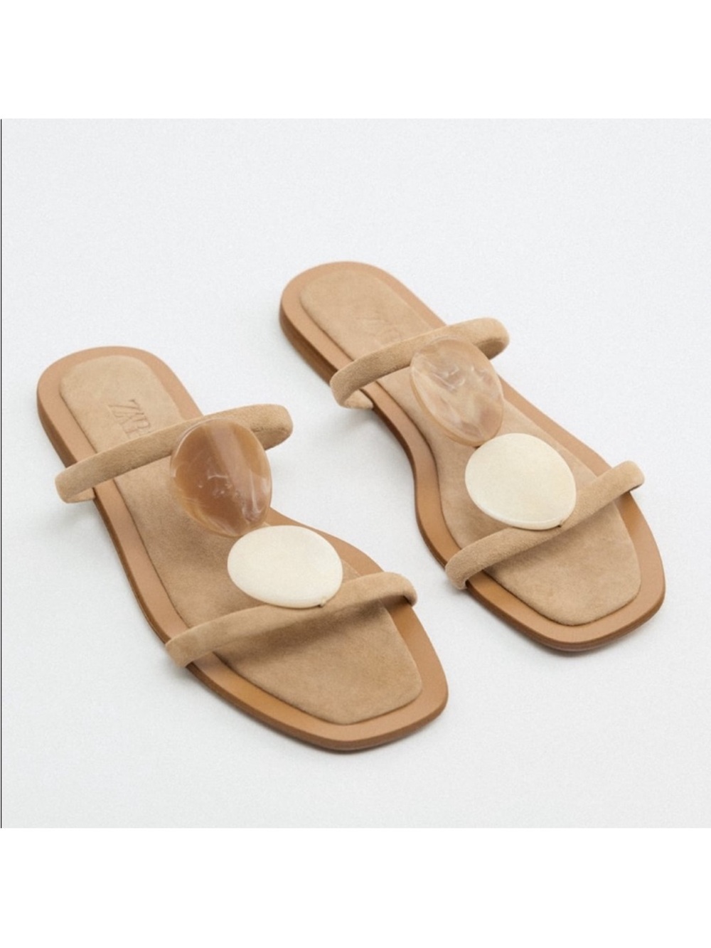 Zara stone bead cow leather nude sandals Size 38 US 7.5 - Picture 1 of 5